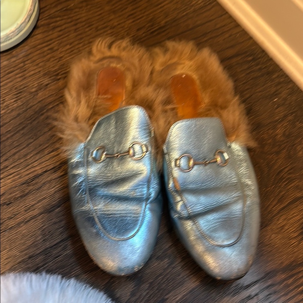 Women's Metallic Silver Loafers with Fur Lining
